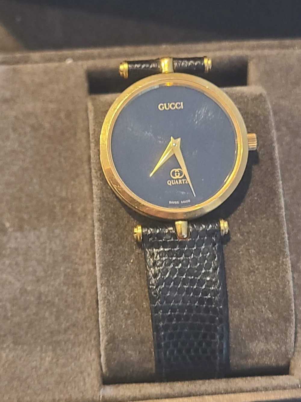 Gucci Gold-Tone Case Blue Dial Men's Watch with Black Leather Strap